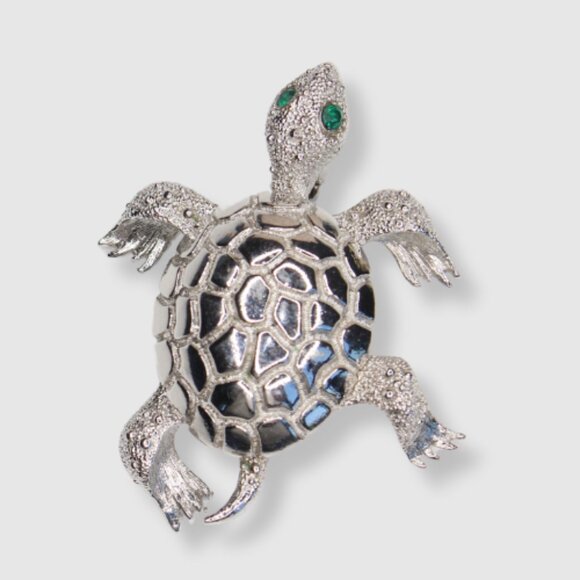 Monet Vintage Turtle Brooch with Green Eyes and Silver-Toned Shell - Picture 1 of 4